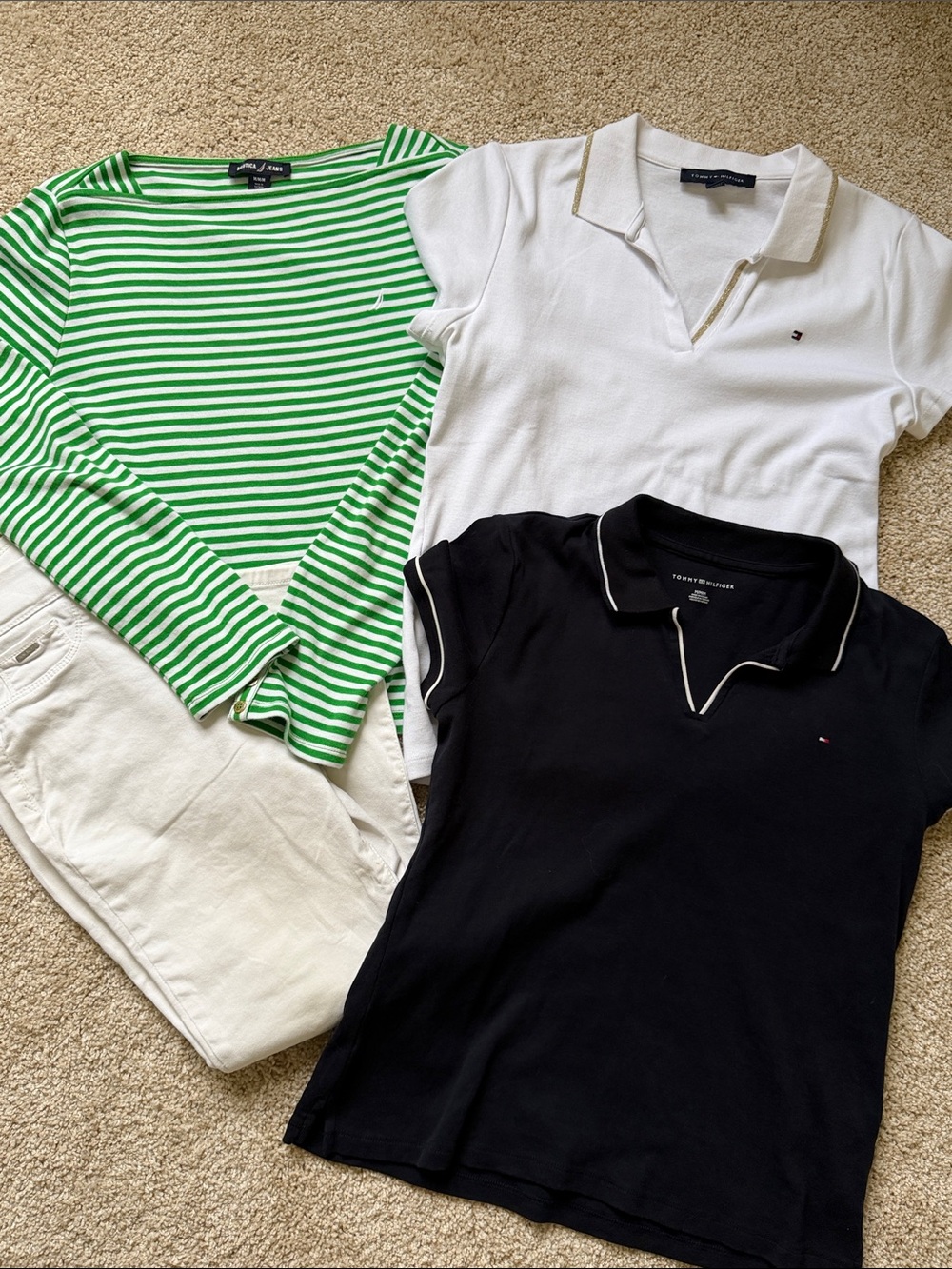 Nautica Green & White Striped Boatneck Top with White Jeans, two TH Polo tops